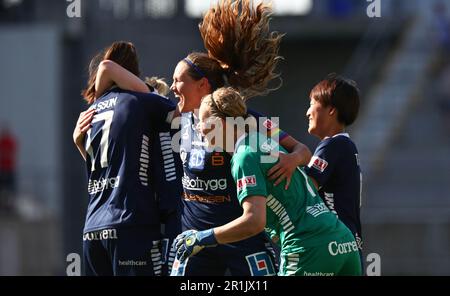 Linköping festeggia dopo la partita di calcio di domenica nell'OBOS Damallsvenskan tra il Linköping FC-IFK Norrköping all'arena di Bilbörsen, Linköping, Svezia. Foto Stock