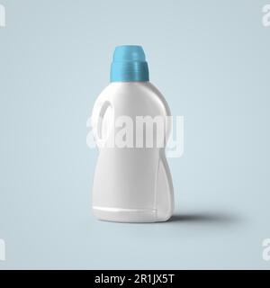 Bottiglia di plastica cosmetica bianca bianca in 3D con tappo blu isolato su sfondo grigio. Ideale per il tuo design mockup. Foto Stock