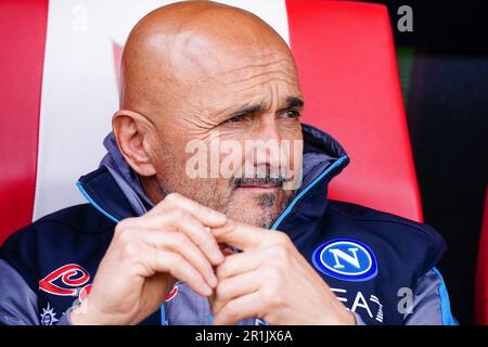 Monza, Italia. 14th maggio, 2023. L'allenatore di testa Luciano Spalletti (SSC Napoli) durante il campionato italiano Serie Una partita di calcio tra AC Monza e SSC Napoli il 14 maggio 2023 allo stadio U-Power di Monza - Foto Morgese-Rossini/DPPI Credit: DPPI Media/Alamy Live News Foto Stock