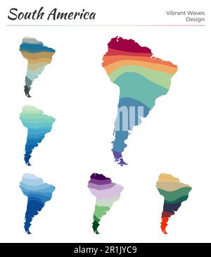 Serie di mappe vettoriali del Sud America. Design dalle onde vibranti. Mappa luminosa del continente in stile geometrico con curve lisce. Illustrazione Vettoriale