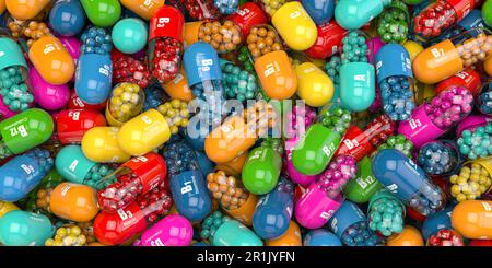 Mucchio di varie capsule di vitamina. Integratori alimentari e nutrizionali per un'alimentazione sana. illustrazione 3d Foto Stock
