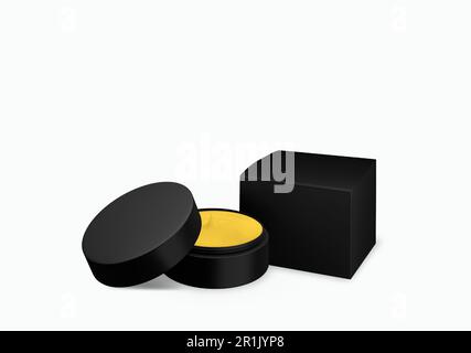 Vaso cosmetico nero opaco bianco mock up su sfondo bianco con crema di striscio nell'angolo di visione anteriore, illustrazione 3d Foto Stock
