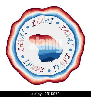 Badge lanai. Mappa dell'isola con belle onde geometriche e vivace cornice blu rosso. Vivace logo Lanai rotondo. Illustrazione vettoriale. Illustrazione Vettoriale