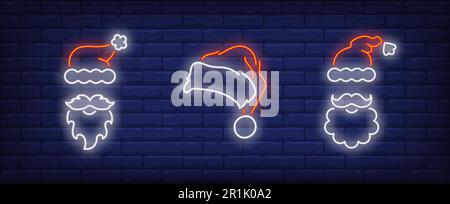 Cappelli di Babbo Natale, baffi e barbe al neon insegne set Illustrazione Vettoriale