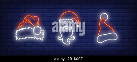 Babbo Natale cappelli, baffi e barba insegne al neon Illustrazione Vettoriale