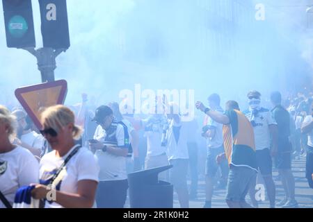 Linköping, Svezia. 14th maggio 2023. I fan di Norrköping prima della partita di calcio di domenica nell'OBOS Damallsvenskan tra il Linköping FC-IFK Norrköping all'arena di Bilbörsen, Linköping, Svezia. Credit: Jeppe Gustafsson/Alamy Live News Foto Stock