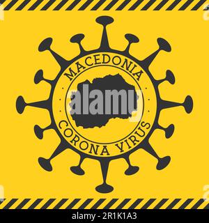 Corona virus in Macedonia segno. Badge rotondo con forma di virus e mappa Macedonia. Il timbro di blocco dell'epidemia di un paese giallo. Illustrazione vettoriale. Illustrazione Vettoriale