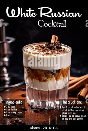 Uno shot verticale di un cocktail russo bianco con i suoi ingredienti e le istruzioni Foto Stock