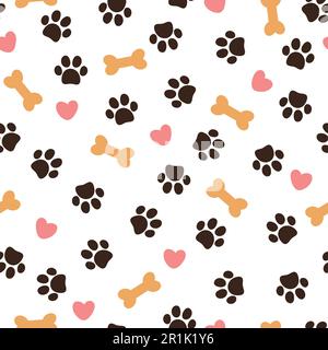 Carino motivo senza cuciture con zampa, osso e cuori di animali domestici. Illustrazione vettoriale su sfondo bianco. Può essere utilizzato per sfondi, confezioni, biglietti, motivi. Illustrazione Vettoriale