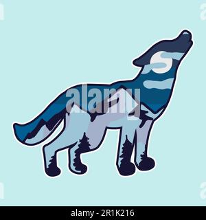 Montagna in Howling Wild Wolf Silhouette Cartoon. Forest Cliff e nuvoloso Luna Night Sky isolato in forma di Ululant animale su sfondo blu. Pericoloso Illustrazione Vettoriale
