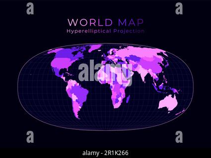 Mappa del mondo. La proiezione iperellittica di Waldo R. Tobler. Illustrazione digitale del mondo. Colori al neon rosa brillante su sfondo scuro. Bella vettore illu Illustrazione Vettoriale