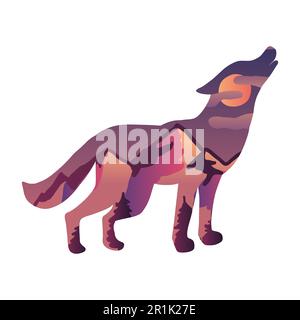 Lupo urlante sull'illustrazione del vettore lunare. Silhouette di animali selvatici con paesaggi al tramonto, colline di montagna Illustrazione Vettoriale