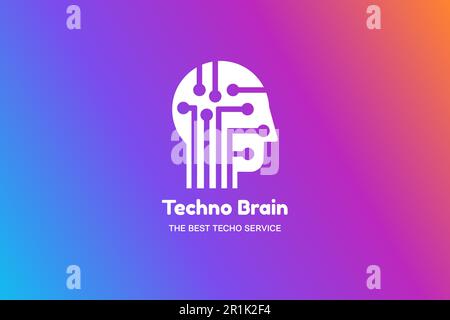 Logo multimediale di testa e chip Techno Brain. Simbolo di idea creativa moderna. Innovazione tecnologia Electronic Device Service. Modello di progettazione stilizzato Illustrazione Vettoriale