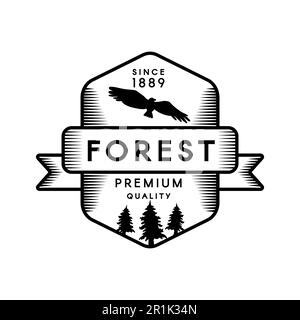 Modello di disegno di emblema geometrico del campo di montagna. Wild Forest Silhouette Eagle distintivo bianco e nero. Avventura all'aperto e attività ricreative Graphic Banner Co Illustrazione Vettoriale