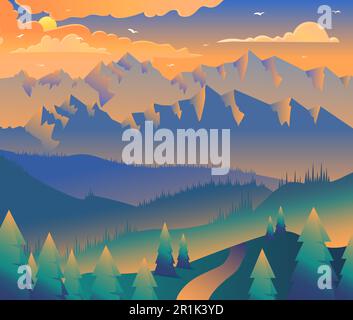 Strada in montagna disegno vettoriale minimalistico. Paesaggio alpino al tramonto con cielo arancione Illustrazione Vettoriale