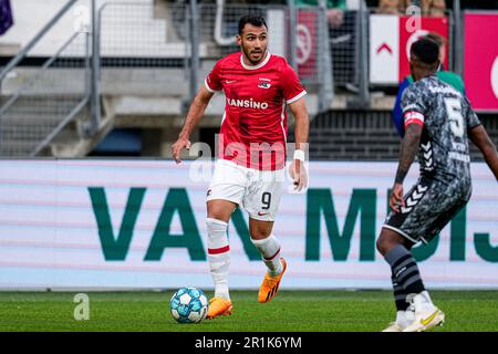 Alkmaar, Paesi Bassi. 14th maggio, 2023. ALKMAAR, PAESI BASSI - MAGGIO 14: Vangelis Pavlidis dell'AZ durante la partita olandese di Eredivie tra AZ e FC Emmen all'AFAS Stadion il 14 Maggio 2023 ad Alkmaar, Paesi Bassi (Foto di Patrick Goosen/Orange Pictures) Credit: Orange Pics BV/Alamy Live News Foto Stock