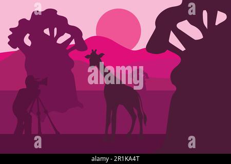 Illustrazione vettoriale del fotografo della fauna selvatica. Panorama serale minimalista con silhouette giraffa Illustrazione Vettoriale