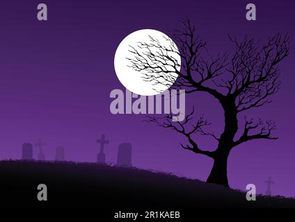 Silhouette di un secco spooky albero sul terreno cimitero Illustrazione Vettoriale