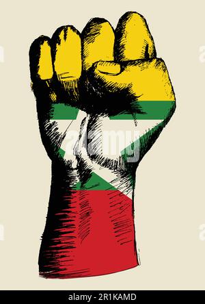 Illustrazione di schizzo di un pugno con insegne di Myanmar Illustrazione Vettoriale
