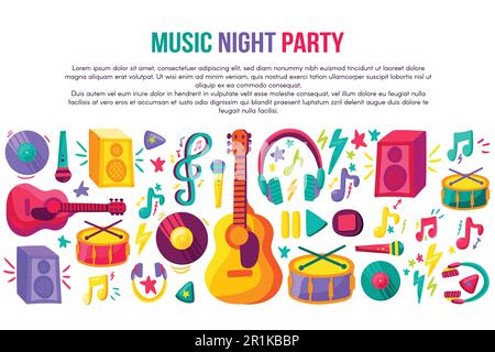 Modello vettoriale per l'invito a una festa notturna musicale. Banner per strumenti musicali piatti, design volantino Illustrazione Vettoriale