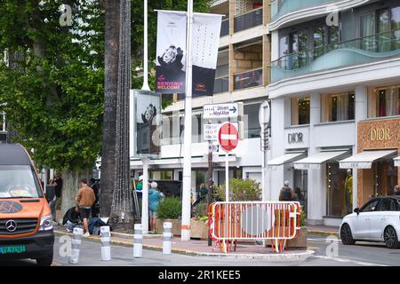 Cannes, Francia. 14th maggio, 2023. Preparativi per il Festival Internazionale del Cinema di Cannes 76th, Palais des Festivals, la Croisette, a Cannes, Francia, Il 14 maggio 2023. Photo by Lionel Urman/ABACAPRESS.COM Credit: Abaca Press/Alamy Live News Foto Stock