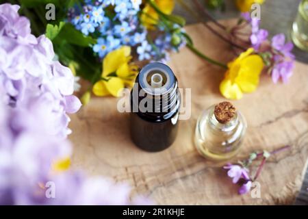 Bottiglie di olio essenziale con fiori freschi di primavera ed erbe Foto Stock