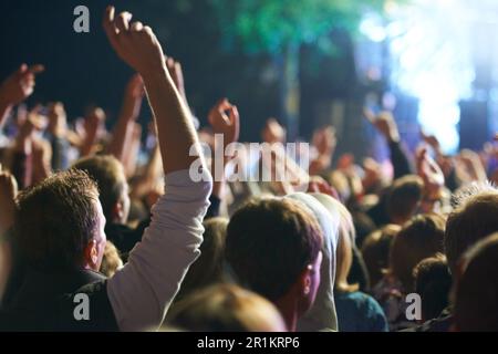 Mani alzate al loro artista preferito. Ripresa posteriore di una folla che si diverta con uno spettacolo musicale dal vivo. Foto Stock