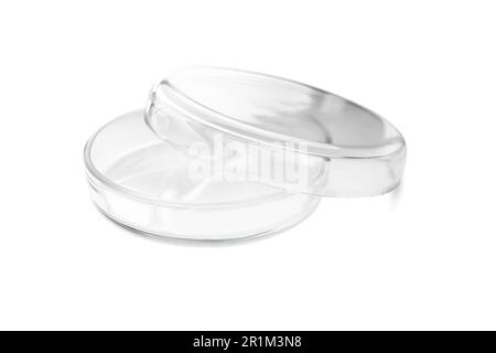 Capsule di Petri vuote in vetro isolate su bianco Foto Stock