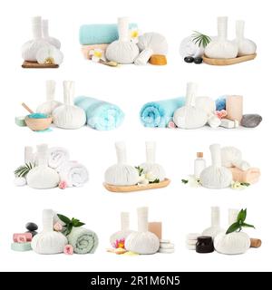 Set con bustine di massaggio alle erbe e diversi prodotti termali su sfondo bianco Foto Stock