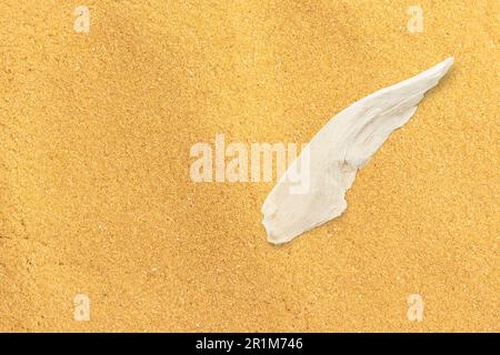 Indicatore di direzione in legno sulla sabbia. Piccolo pezzo di legno per logo. Spazio di copia aggiunto. Foto Stock