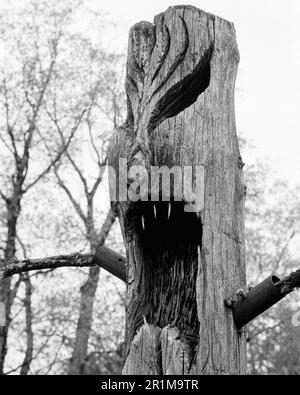 Coppal House Farm - Lee, New Hampshire - Aprile 2023. Un palo di totem di legno creepy scolpito come un mostro protegge la fattoria in un giorno overcast. Questa immagine era t Foto Stock