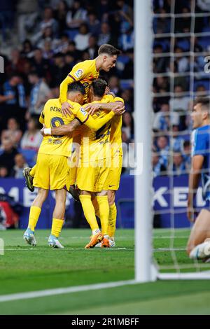 Barcellona, Spagna. 14th maggio, 2023. I giocatori di Barcellona festeggiano durante la partita di LaLiga tra RCD Espanyol e FC Barcelona allo stadio RCDE di Barcellona. Credit: Christian Bertrand/Alamy Live News Foto Stock