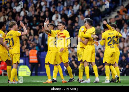 Barcellona, Spagna. 14th maggio, 2023. I giocatori di Barcellona festeggiano durante la partita di LaLiga tra RCD Espanyol e FC Barcelona allo stadio RCDE di Barcellona. Credit: Christian Bertrand/Alamy Live News Foto Stock