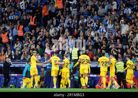 Barcellona, Spagna. 14th maggio, 2023. I giocatori di Barcellona festeggiano durante la partita di LaLiga tra RCD Espanyol e FC Barcelona allo stadio RCDE di Barcellona. Credit: Christian Bertrand/Alamy Live News Foto Stock