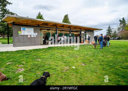 REDMOND, WA, USA – 2 APRILE 2023: Punto di lavaggio dei cani di Marymoor Park, persone e cani allineati e nelle bancarelle di lavaggio dei cani Foto Stock