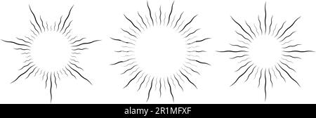 Set di cornici ricurve retrò. Confezione di raggi solari radiali deformati. Elementi di design vintage ondulati per logo, etichette, badge, banner. Raccolta di illustrazioni vettoriali Illustrazione Vettoriale