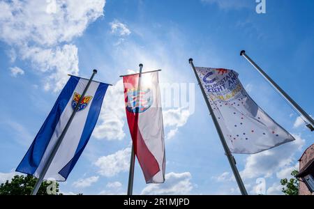 Pfungstadt, Germania. 13th maggio, 2023. Lo stemma di Pfungstadt (l-r), il leone di Assia e la bandiera di Hessentag ondano nel vento nel centro della città. Il primo festival statale in tre anni (dal 02 al 11 giugno 2023) si terrà nel sud dell'Assia. Pfungstadt ha già ospitato l'Hessentag una volta esattamente 50 anni fa (1973). Credit: Andreas Arnold/dpa/Alamy Live News Foto Stock