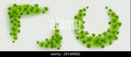 Shamrock trifoglio quattro foglia cornice corona bordo del vettore clipart per giorno di San Patrizio in forma circolare e quadrata isolato su sfondo trasparente. Illustrazione realistica di 3D tre e 4 foglie di erba Illustrazione Vettoriale