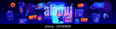 Set di cartoni animati di gadget intelligenti e tecnologia di comunicazione su sfondo blu. Illustrazione vettoriale di chatbot, drone, dispositivo di memorizzazione dati, cavo, visore vr, testo nft su sfondo spaziale con pianeti Illustrazione Vettoriale