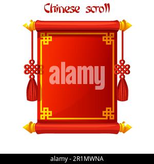 Bordo a scorrimento cinese rosso con ornamento. Cartoon banner stile cinese Illustrazione Vettoriale