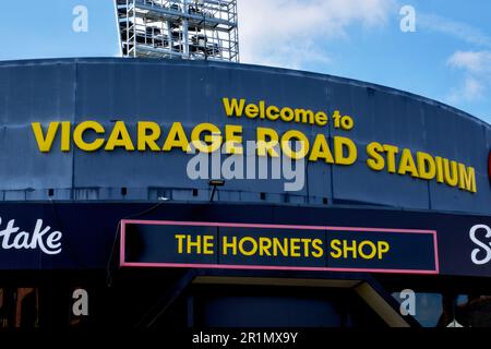 Stadio di calcio di Watford, Vicarage Road, Watford, Herts, Inghilterra, Regno Unito Foto Stock