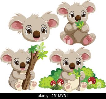 Carino koala orso cartone animato set illustrazione Illustrazione Vettoriale