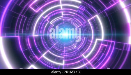 Astratto viola luminoso al neon tunnel laser futuristico hi-tech con linee di energia, sfondo astratto. Foto Stock