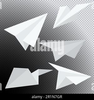 Icone piani carta 3D. Carta bianca ripiegata in forma aereo su trasparente isolato. Casella postale. Contattaci o chiamaci simboli. Social Media, rete f Illustrazione Vettoriale