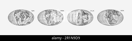 Tecniche della piastra sul pianeta Terra. Pangaea. Deriva continentale. Supercontinente a 250 ma. Era dei dinosauri. Periodo giurassico. Mesozoico. Disegnato a mano Illustrazione Vettoriale