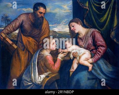 Tiziano, Tiziano Vecellio, la Madonna col bambino con i santi Luca e Caterina d'Alessandria, pittura prima del 1576 Foto Stock