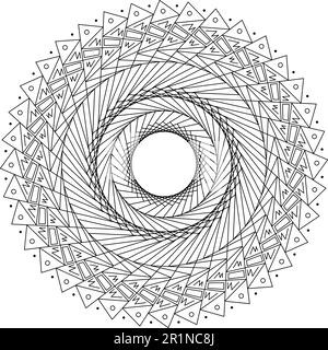 Linee mezzitoni nere in forma di vortice. Arte geometrica Elemento di design alla moda.le linee circolari e radiali ruotano, elicoidali.cerchio segmentato con rotazione Illustrazione Vettoriale
