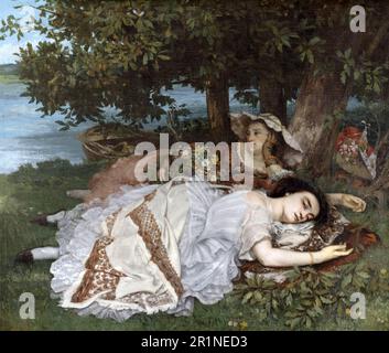 Giovani donne sdraiate sulla Senna in estate a Parigi, Francia, dipinto di Jean Desire Gustave Courbet (10 giugno 1819-31 dicembre 1877), riproduzione storica, restaurata digitalmente da un originale del 19th ° secolo. / Junge Frauen liegen im Sommer an der Seine a Parigi, Frankreich, Gemälde von Jean Desire Gustave Courbet (10. Juni 1819-31. Dicembre 1877), Historisch, ristoratore digitale Reproduktion von einer Vorlage aus dem 19. Jahrhundert Foto Stock