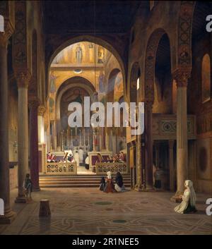 L'interno della Cappella Palatina a Palermo intorno al 1850, la cappella del palazzo fu costruita in stile normanno-arabo-bizantino come cappella di corte del Palazzo dei Normanni di Palermo dal 1132 al 1140 d.C. sotto re Ruggero II, Sicilia, Italia, storico, Riproduzione restaurata digitalmente da un originale del 19th° secolo / Das Innere der Capella Palatina a Palermo um 1850, die Palastkapelle wurde 1132 bis 1140 n. Chr. unter König Roger II Im normannisch-arabisch-byzantinischen Stil als Hofkapelle des Palazzo dei Normanni von Palermo errichtet, Sizilien, Italien, Historisch, restaurierte digitale Repr Foto Stock
