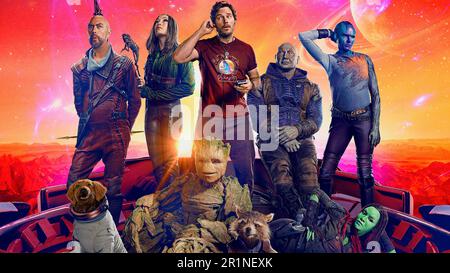 CHRIS PRATT, ZOE SALDANA, SEAN GUNN, KAREN GILLAN, DAVE BAUTISTA E POM KLEMENTIEFF IN GUARDIANI DEL GALAXY VOL. 3 (2023), diretto da JAMES GUNN. Credit: Marvel Studios / Marvel Entertainment / Album Foto Stock